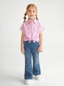 SHEIN Camisa casual con hombros caídos, estilo minimalista, de tejido suelto y con rayas, con lazo delantero para niña joven - Rosa - Ver 3