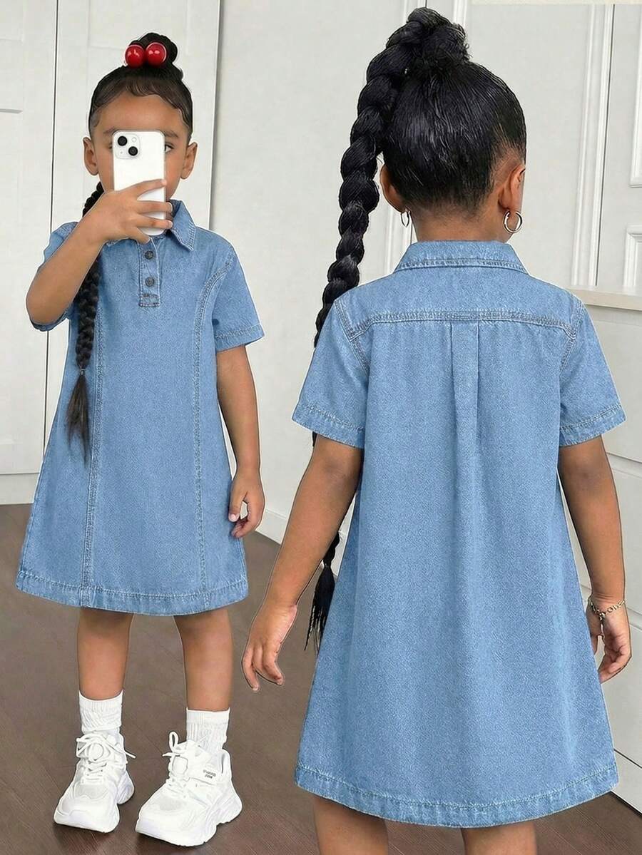Vestido camisa de mezclilla oversize en azul marino para niña - Lavado ligero - Ver 1