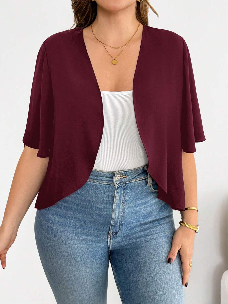 SHEIN Essnce Mujeres talla grande Moda primavera/verano Casual Cómoda Básica versátil para todos los días Cárdigan negro de manga corta, Abrigos de verano, Blusas para salir, Ropa de oficina, Atuendos de vacaciones para mujeres