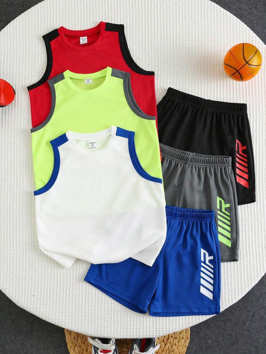 SHEIN 6 Pieces Set Young Boys Casual Sport Outfits,Letter Pattern Round Neck Shirt And Shorts,Summer Back To School Clothes For Parties,Sports & Daily Use
