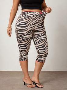 Enliva Plus Size Women Zebra Print Capris, Multi-Color Knitted Fabric, Textured Pattern, High Elasticity, Tummy Control, Casual Patchwork Red Lace Bow - Multicolor - View 7