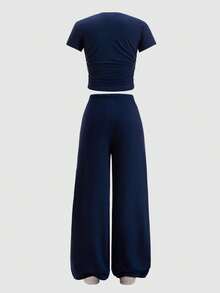 SHEIN Conjunto de camiseta de manga corta de punto azul marino sólido y pantalones con cordón para niñas preadolescentes - azul real - Ver 2