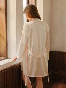 Bisouelle 女士长袖撞色蕾丝腰带睡袍吊带睡裙睡衣套装，秋冬服装 - 杏色 - 查看 2