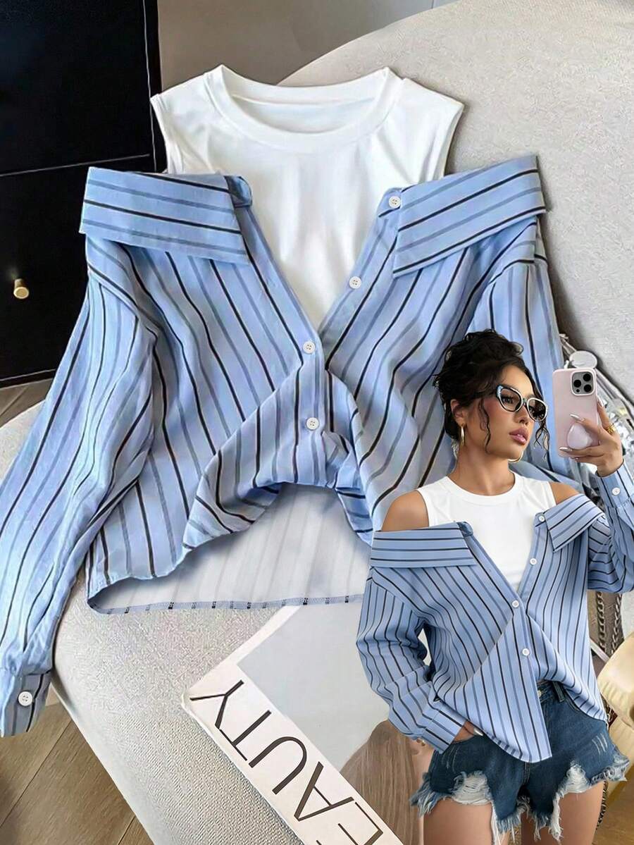 Elenzga 休闲时尚通勤日常浅蓝色条纹长袖二合一衬衫,女2025秋季新款时尚露肩长袖衬衫 - 彩色 - 查看 1