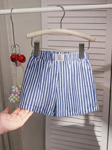 Young Girl Woven Striped Letter Print Casual Shorts - Royal Blue - View 7