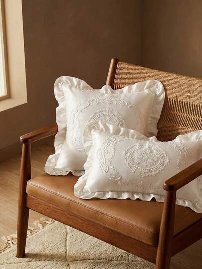 Pack Of 1, Pure White Lotus Leaf Edge, Embroidery, Hollow, Embroidery, Decorative Pillow Pillowcase