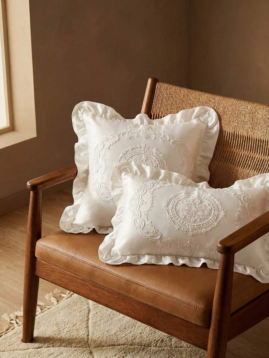 Pack Of 1, Pure White Lotus Leaf Edge, Embroidery, Hollow, Embroidery, Decorative Pillow Pillowcase - Multicolor - View 1