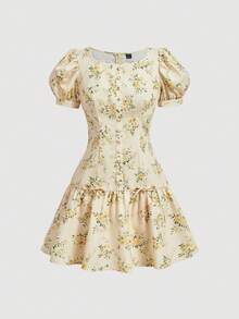 Skyraze Women's Floral Pattern Short Puff Sleeve Casual Mini Dress Brunch Party Beige Summer - Yellow - View 3