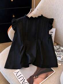 Franclia Women's Solid Color Pleated Casual Versatile Daily Wear Shirt - Black - View 2