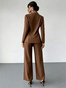 RiviMae Women's Solid Color Lapel NeckLong Sleeve Jacket And Pants Elegant Suit Set - Coffee Brown - View 2