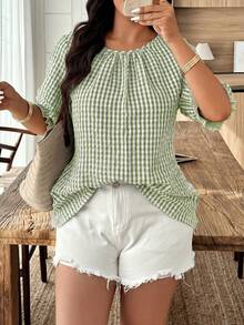 Weeklong Plus Size Women's Spring/Summer Casual Round Neck Puff Sleeve Ruffled Plaid Loose Blouse - Multicolor - View 2