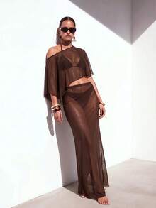 Zivah This Latest Women's Beach Brown Shawl Top And Skirt Set Is Suitable For All Occasions And Has A Bohemian Style. - Brown - View 2
