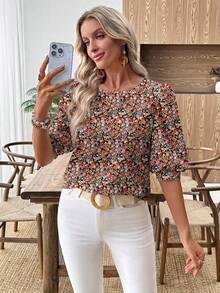 EMERY ROSE Women's Casual Commuter Printed Lantern Sleeve Shirt - Multicolor - View 7