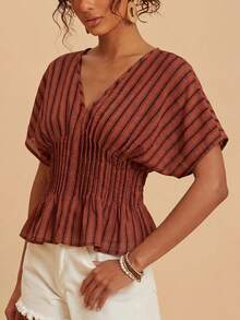 Travachic Top de mujer para vacaciones con estampado a cuadros, cintura fruncida, bajo con volantes y mangas de murciélago - Rojo - Ver 6