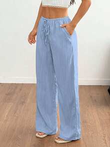 EMERY ROSE Plus Size Women Casual Solid Color Wide Leg Pants, Autumn Clothing Material, Big Size Trousers Fall - Sky Blue - View 5