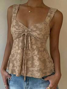 SHEIN EZwear 女士纯色心形领无袖抽绳时尚优雅荷叶边下摆背心 - 卡其色 - 查看 3