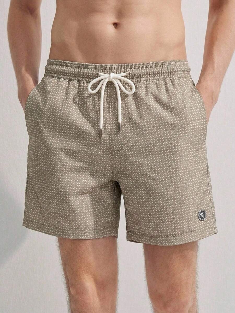 Manfinity Homme Men's Summer Vacation All-Over Print Drawstring Waist Beach Shorts Geometric Print Swim Trunks Men's Beachwear Beige Swim Trunks - Apricot - View 1