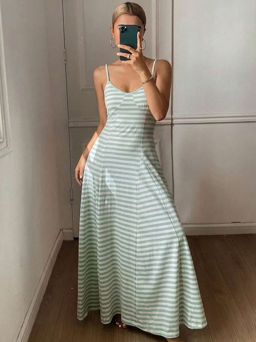 DAZY Striped Pattern Sleeveless Camisole Waist Cinched Dress, Women Summer Nightgown - Green - View 1