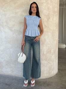 Aloruh 女款優雅圓領素色無袖米色襯衫 - 淺藍色 - 查看 3