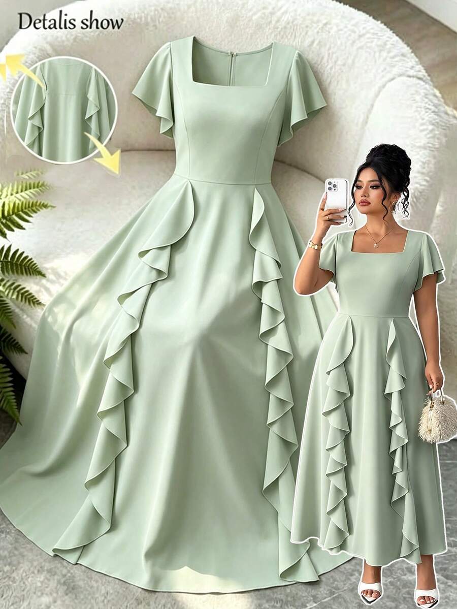 Elenzga Plus Size Solid Color Ruffle Collar Short Sleeve Dress, Summer - Green - View 1