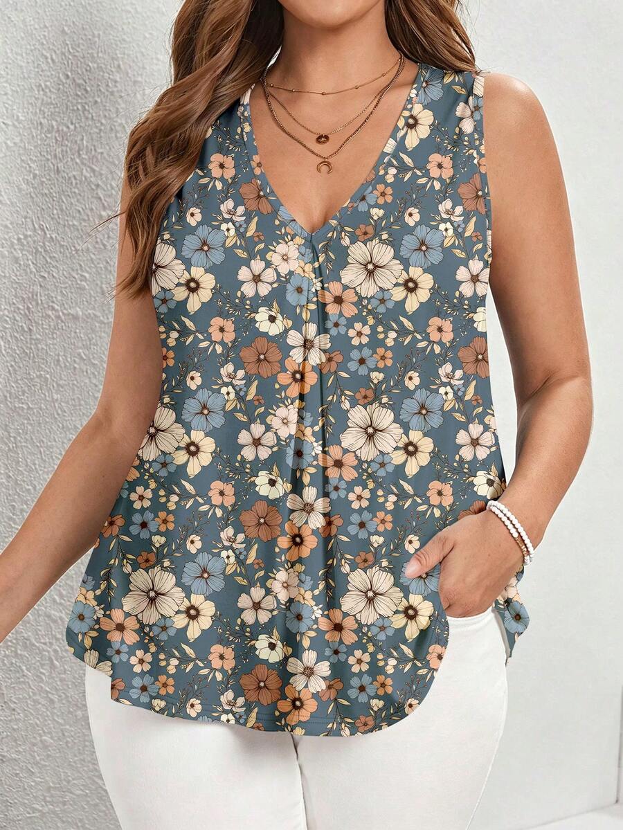 Comfylo Plus Size Casual Ditsy Floral V-Neck Pleated Sleeveless Top, Spring/Summer