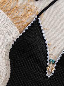 Bonvoyette Spring Summer Elegant Sexy Solid Color Fabric V-Neck Pearl Shell Pendant Decor Contrast Color Ruffle Halter One-Piece Swimsuit Beach Black - Black - View 3