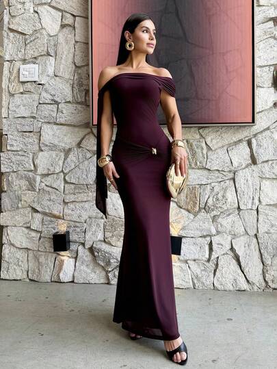 Yohana Edit Autumn/Winter Women's Elegant Asymmetric Tie-Waist Bodycon Fishtail Hem Dress With Metal Buckle Decor, Suitable For Cocktail Party, Romantic Date, Layering, Party,Valentine's Day,Valentine Outfits For Women