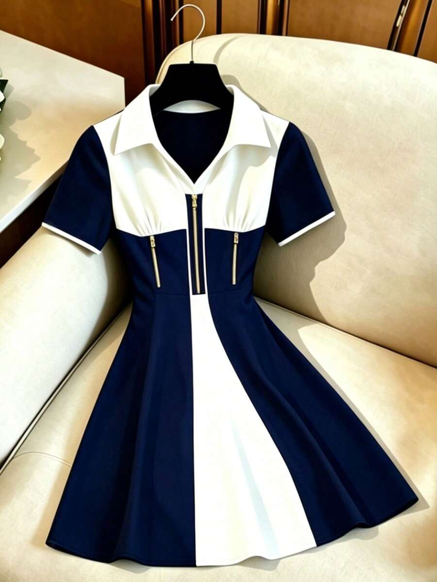 GlowEve 女士优雅百搭黑白撞色长连衣裙,适合日常通勤 - 藏蓝色 - 查看 1