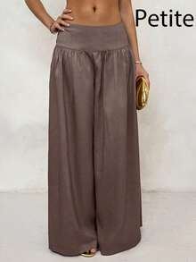 SHEIN PETITE Quần ống rộng cạp thấp kiểu retro, quần dài nữ dáng suông, tôn dáng, thích hợp cho mùa thu, trở lại trường học. - Cà phê nâu - Xem 4