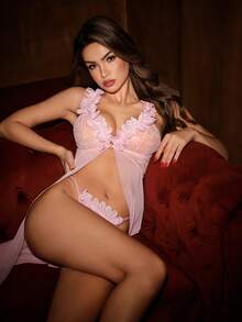 Bella Beso Vestido de noite longo com fenda de botão frontal de flor tridimensional de malha de emenda de renda de casamento + tanga 2 peças - Rosa - Ver 10