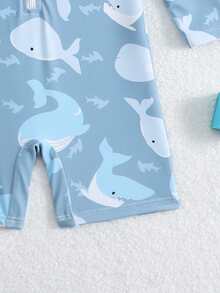 SHEIN Infant/Baby BoyWhale Print Long Sleeve Rash Guard Swimsuit With Sun Protection Wide Brim Hat - Dusty Blue - View 5