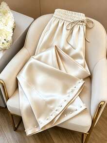 GlowEve Quần nữ bằng vải satin đính ngọc trai giả, kiểu dáng thanh lịch, buộc dây. - Màu be - Xem 1