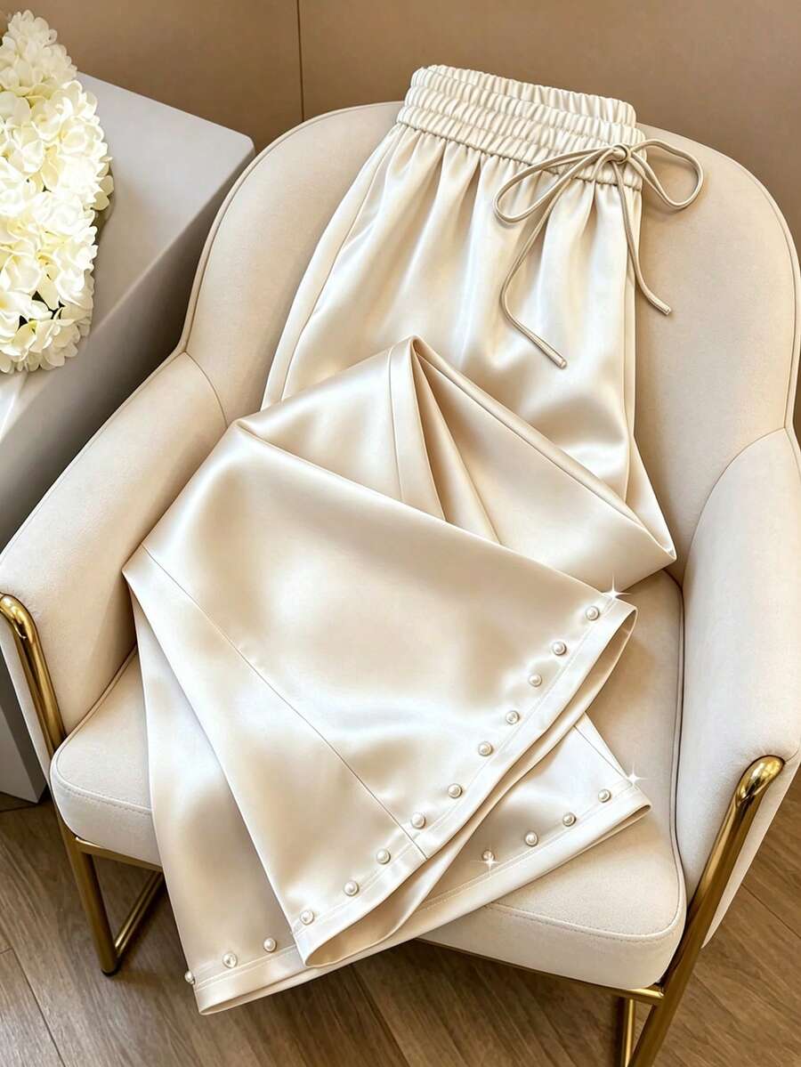 GlowEve Quần nữ bằng vải satin đính ngọc trai giả, kiểu dáng thanh lịch, buộc dây. - Màu be - Xem 1