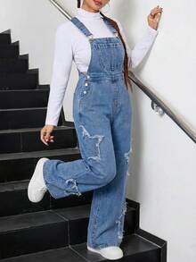 SHEIN 青少年女孩時尚休閒 Y2K 復古荷葉邊星光藍寬鬆後腰牛仔褲，適合日常穿著 - 藍色 - 查看 4