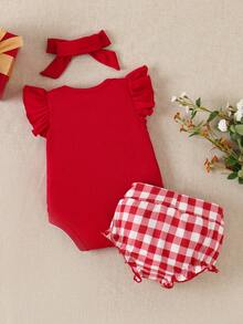 SHEIN 3pcs Baby Summer Red Plaid Romper Set: Ribbed Cap Sleeve Blouse With Bow + Ruffle Trim Bloomers + Headband - Red - View 4