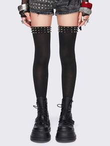 1 Pair Of Punk Style Multi-Layer Rivet Knee Socks, Y2K Black Solid Color High Tube Socks, Fashionable Elastic Stockings - Rivet black - View 1