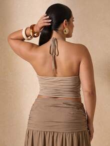 SHEIN BAE CURVE Women's Plus Size Brown Summer Halter Neck Ruched Top Classy Elegant Night Wrap Design Sleeveless Solid Color Deep V Neck Mini Dress Lingerie - Camel - View 2