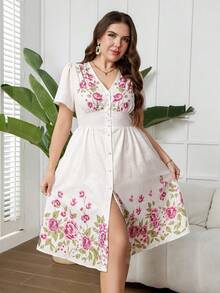 SHEIN Clasi Plus Size Women Elegant V-Neck Casual Office Dress - Multicolor - View 7
