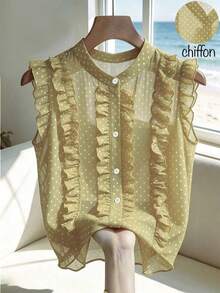 Franclia Áo kiểu nữ bằng vải chiffon chấm bi đen, kiểu dáng thanh lịch lãng mạn với đường viền xếp ly. - Màu vàng ngỗng - Xem 1