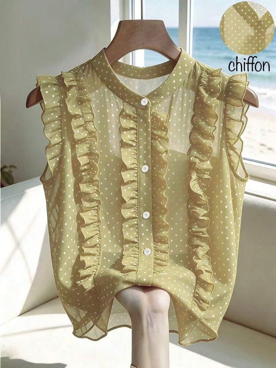 Franclia Áo kiểu nữ bằng vải chiffon chấm bi đen, kiểu dáng thanh lịch lãng mạn với đường viền xếp ly. - Màu vàng ngỗng - Xem 1