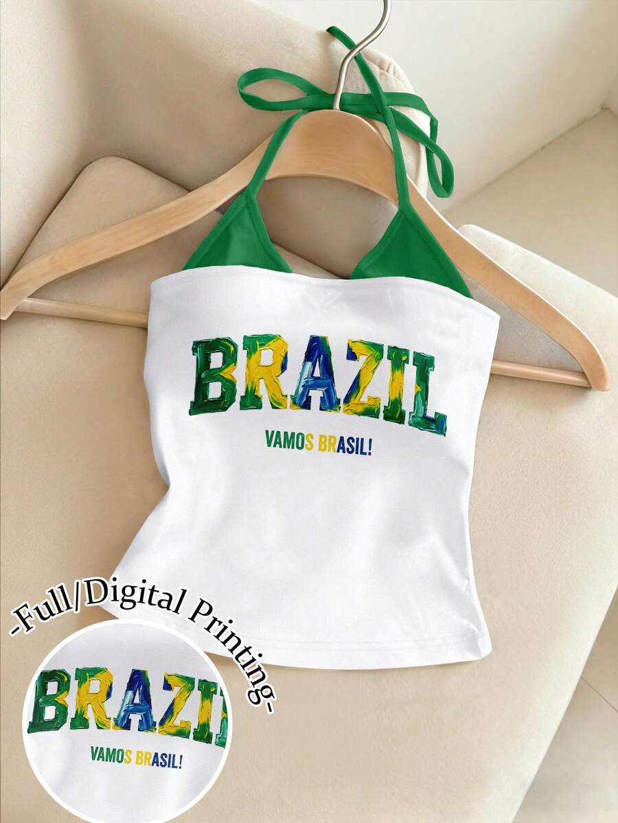 Resyla Débardeur décontracté à col ras-du-cou imprimé Brésil Y2K 2 en 1 Tube Top Style brésilien Tee-shirts de supporters de football - Multicolore - Voir 1