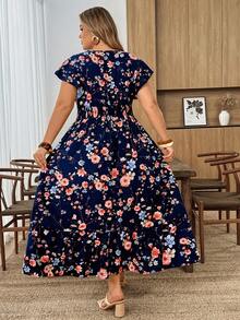 SHEIN CURVE+ 大码女式碎花V领荷叶袖优雅连衣裙，适合夏季度假、工作及其他场合 - 彩色 - 查看 2