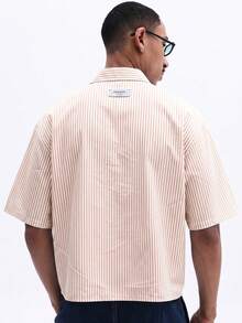 SUMWON Striped Cropped Button-Up Shirt Short Sleeve Chest Pocket Embroidered Logo Summer Casual - Khaki - View 2