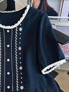 Franclia White Floral Embroidered Lightweight Summer Shirt, Fashionable Youthful Short Sleeve , Suitable For Daily, Vacation, And Casual Commute - Navy Blue - View 4