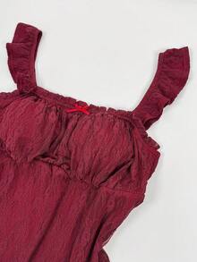 Sweetra Plus Size Women's Burgundy Lace Square Neck Puff Sleeve Cinched Waist A-Line Short Dress, French Sexy Style, Slimming Fit, Birthday Wedding - Burgundy - View 5