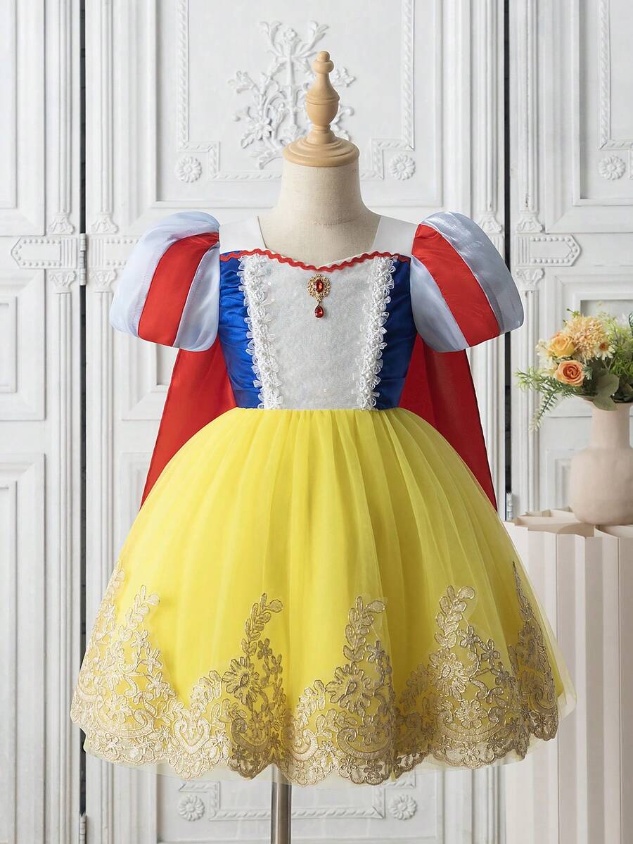 Young Girls Fashion Cute Yellow Mesh Lace Embroidered Beaded Ruffle Puff Sleeve Back Detachable Cape Princess Mini Dress, Comfortable Summer Clothing - Multicolor - View 1