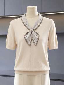 SHEIN Middle-Aged & Elderly Women Beige Ribbon Decor Short Sleeve Knit Top - Apricot - View 3