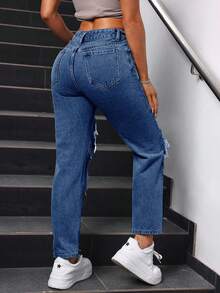 SHEIN Tall Celana Jeans Wanita Kasual Model Tapered dengan Efek Lusuh dan Cuci, Ukuran Wanita Tinggi - Medium Wash - View 2