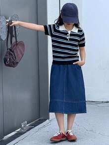 Dazy Kids 青少年女孩夏季休閒條紋POLO領短袖針織上衣 - 藏蓝色 - 查看 3