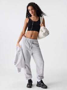 Loungeista Áo tank top crop đen trơn thường ngày có sẵn áo ngực, độ co giãn vừa, thiết kế hở lưng cho nữ, cho mùa hè - màu đen - Xem 8